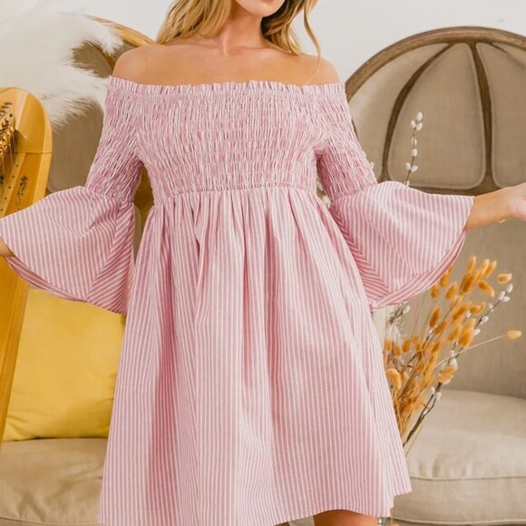 BiBi Smocked Off Shoulder Striped Dress - Picture 2 of 7